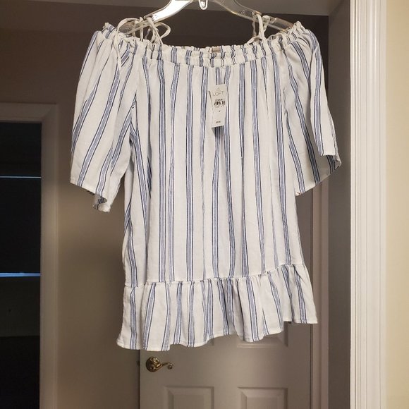 NWT Loft Off the Shoulder Blue/White Top (Sz M) - Picture 1 of 4